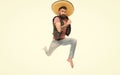Celebrate traditional mexican holiday. Guy happy cheerful face having fun dancing jumping. Life in motion. Man bearded Royalty Free Stock Photo