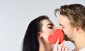 Celebrate valentines day. Sensual kiss of lovely couple close up. Man and woman romantic kiss. Love and foreplay