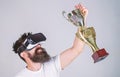 Celebrate victory. Feel victory in virtual reality games. Achieve victory. Hipster virtual gamer got achievement. Man Royalty Free Stock Photo