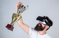 Celebrate victory. Feel victory in virtual reality games. Achieve victory. Hipster virtual gamer got achievement. Man Royalty Free Stock Photo