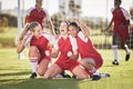 Celebrate, winning and success female football players with fist pump and hurray expression. Soccer team, girls or Royalty Free Stock Photo