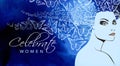 Celebrate Women beautiful woman with iconic butterfly hair in blue graphic