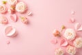A chic top view shot of tender rose blossoms and charming hearts set on a soft pink backdrop Royalty Free Stock Photo