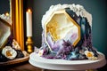 Stunning Geode Wedding Cake with Edible Crystals and Flowers on a White Table - ai generated