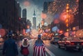 Celebrating America& x27;s Independence Day. Fireworks, busy street, crowd of people Royalty Free Stock Photo