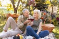 Celebrating anniversary. Loving elderly couple drinking wine, sitting on blanket while having picnic in garden