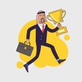 Celebrating arabic businessman holding winner cup trophy and running