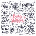 Celebrating baby shower hand drawn phrases set