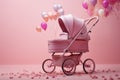 Celebrating the birth of a girl with a pink baby stroller