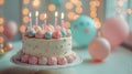 Celebrating with Bokeh: Realistic Birthday Party Photography Featuring Pastel Cake with Candles on Left Side