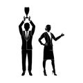 Celebrating businessman holding winner cup trophy. Business achievement concept. Flat style vector illustration black isolated