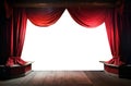 red velvet curtains. transparent PNG. stage with wood floor.