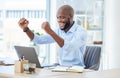 Celebrating, cheering and success with a young business woman working on a laptop and closing a deal. Wow, winner and Royalty Free Stock Photo