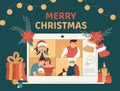 Celebrating Christmas and New Year online. People in costumes on laptop during video call Royalty Free Stock Photo