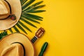 Celebrating Cinco De Mayo: Colorful Mexican Serape and Sombrero With Guitar on a Yellow Background