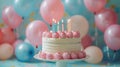 Celebrating with Colorful Balloons and a Birthday Cake with Candles Royalty Free Stock Photo