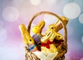 Celebrating easter with, gold foiled chocolate bunnies and colorful eggs