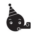 Celebrating emoji black vector concept icon. Celebrating emoji flat illustration, sign