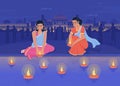 Celebrating festival of lights at blue hour flat color vector illustration