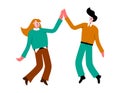 Celebrating friendship day concept. Two man and woman cartoon characters clapping hands in high five gesture flat vector on white Royalty Free Stock Photo