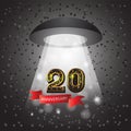 Celebrating the Golden jubilee of 20 years with ribbon logo number of star light UFO on isolated black background. Vector image
