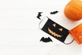 Celebrating Halloween 2020 in safe way with social distancing, flat lay Royalty Free Stock Photo