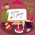 Celebrating at home. Online party. Attributes of the celebration. Stay home, quarantine design concept. Hand drawn flat vector