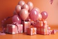 Celebrating Mom: Birthday Balloons and Gift Box in Light Orange and Magenta. Generative Ai Royalty Free Stock Photo