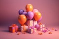 Celebrating Mom: Birthday Balloons and Gift Box in Light Orange and Magenta. Generative Ai Royalty Free Stock Photo