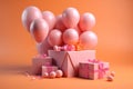 Celebrating Mom: Birthday Balloons and Gift Box in Light Orange and Magenta. Generative Ai Royalty Free Stock Photo