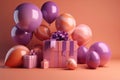 Celebrating Mom: Birthday Balloons and Gift Box in Light Orange and Magenta. Generative Ai Royalty Free Stock Photo