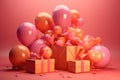 Celebrating Mom: Birthday Balloons and Gift Box in Light Orange and Magenta. Generative Ai Royalty Free Stock Photo