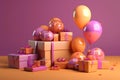 Celebrating Mom: Birthday Balloons and Gift Box in Light Orange and Magenta. Generative Ai Royalty Free Stock Photo