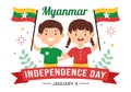 Celebrating Myanmar Independence Day on January 4th with Little Kids Carrying Flags in Cartoon Hand Drawn Templates Illustration