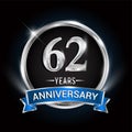 Celebrating 62nd years anniversary logo with silver ring and blue ribbon