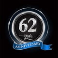 Celebrating 62nd years anniversary logo. with silver ring and blue ribbon