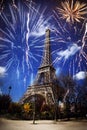 celebrating New Year in the city - Eiffel tower & x28;Paris, France& x29; with fireworks Royalty Free Stock Photo