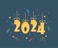 Celebrating New Year 2024. Hanging gold numbers with ribbons, Firecrackers, confetti, fireworks, carnival. New Year greeting card