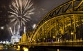 celebrating new year& x27;s eve in n Koln, Germany - fireworks around the Cologne cathedral Royalty Free Stock Photo