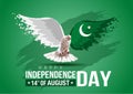 Celebrating Pakistan happy Independence Day. Abstract wings flag and pigeon on green background Royalty Free Stock Photo