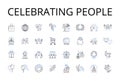 Celebrating people line icons collection. Applauding heroes, Honoring triumphs, Commending winners, Praising champions