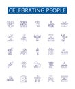 Celebrating people line icons signs set. Design collection of Honoring, Saluting, Appreciating, Praising, Recognizing