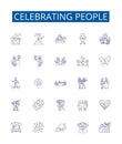 Celebrating people line icons signs set. Design collection of Honoring, Saluting, Appreciating, Praising, Recognizing