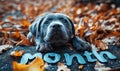 Celebrating Pet Month, an adorable blue puppy lies amongst autumn leaves, evoking the warmth of animal companionship during