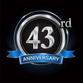 Celebrating 43rd anniversary logo. with silver ring and blue ribbon