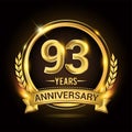 Celebrating 93rd years anniversary logo with golden ring and ribbon