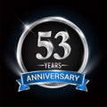 Celebrating 53rd years anniversary logo with silver ring and blue ribbon
