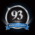 Celebrating 93rd years anniversary logo with silver ring and blue ribbon