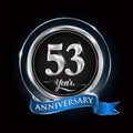 Celebrating 53rd years anniversary logo. with silver ring and blue ribbon
