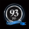 Celebrating 93rd years anniversary logo. with silver ring and blue ribbon